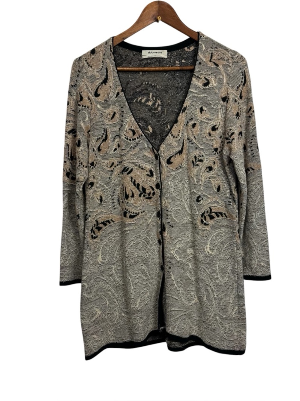 Aldo Martins Gray and Cream Paisley V-Neck Button Cardigan Wool Blend